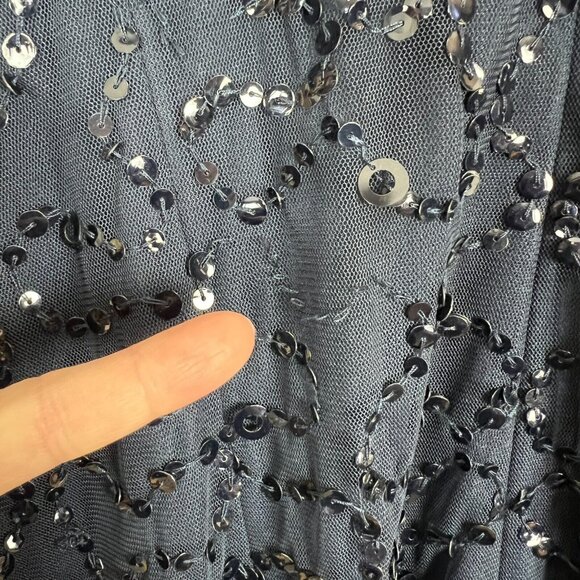 Papell Boutique Dress 16 Navy Blue Sequin Sheath Sheer Long Sleeve‎ Cocktail Zip - Picture 9 of 10